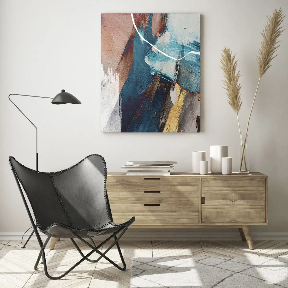 Quadro su vetro - Pennellate astratte nei toni del blu e dell'oro - 70x100cm - Con forza ed energia - Decorazione murale moderna per soggiorno e camera da letto ARTTOR