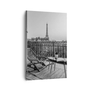 Quadro su tela - Stampe su Tela - Vista della Torre Eiffel dal balcone con sedie a sdraio e tavolo - 80x120cm - Pomeriggio parigino - Decorazione murale moderna per soggiorno e camera da letto ARTTOR