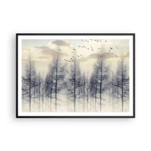 Poster in cornice nera - Foresta nebbiosa con uccelli contro il cielo al tramonto - 100x70cm - Lo spirito della foresta - Decorazione murale moderna per soggiorno e camera da letto ARTTOR