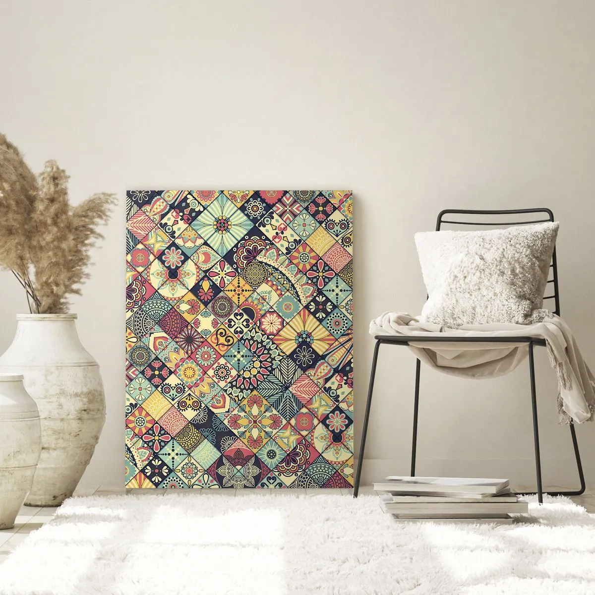 Quadro su vetro - Motivi geometrici colorati ispirati allo stile marocchino - 80x120cm - L'atmosfera del Marocco - Decorazione murale moderna per soggiorno e camera da letto ARTTOR