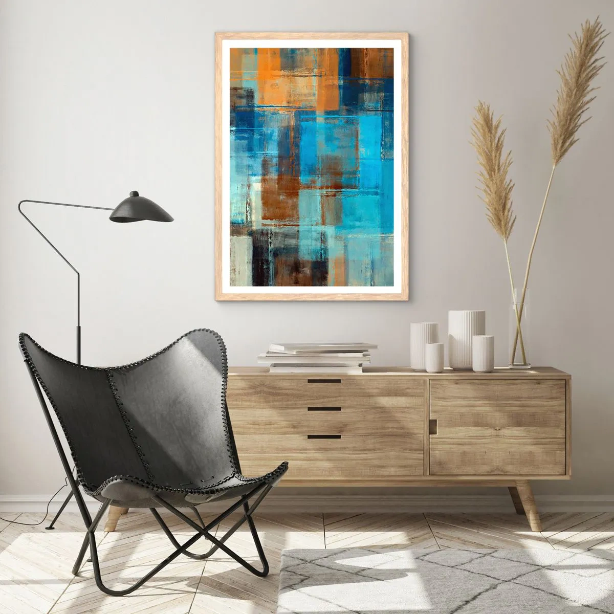 Poster in cornice rovere chiaro - Attraverso la tenda blu - 70x100 cm