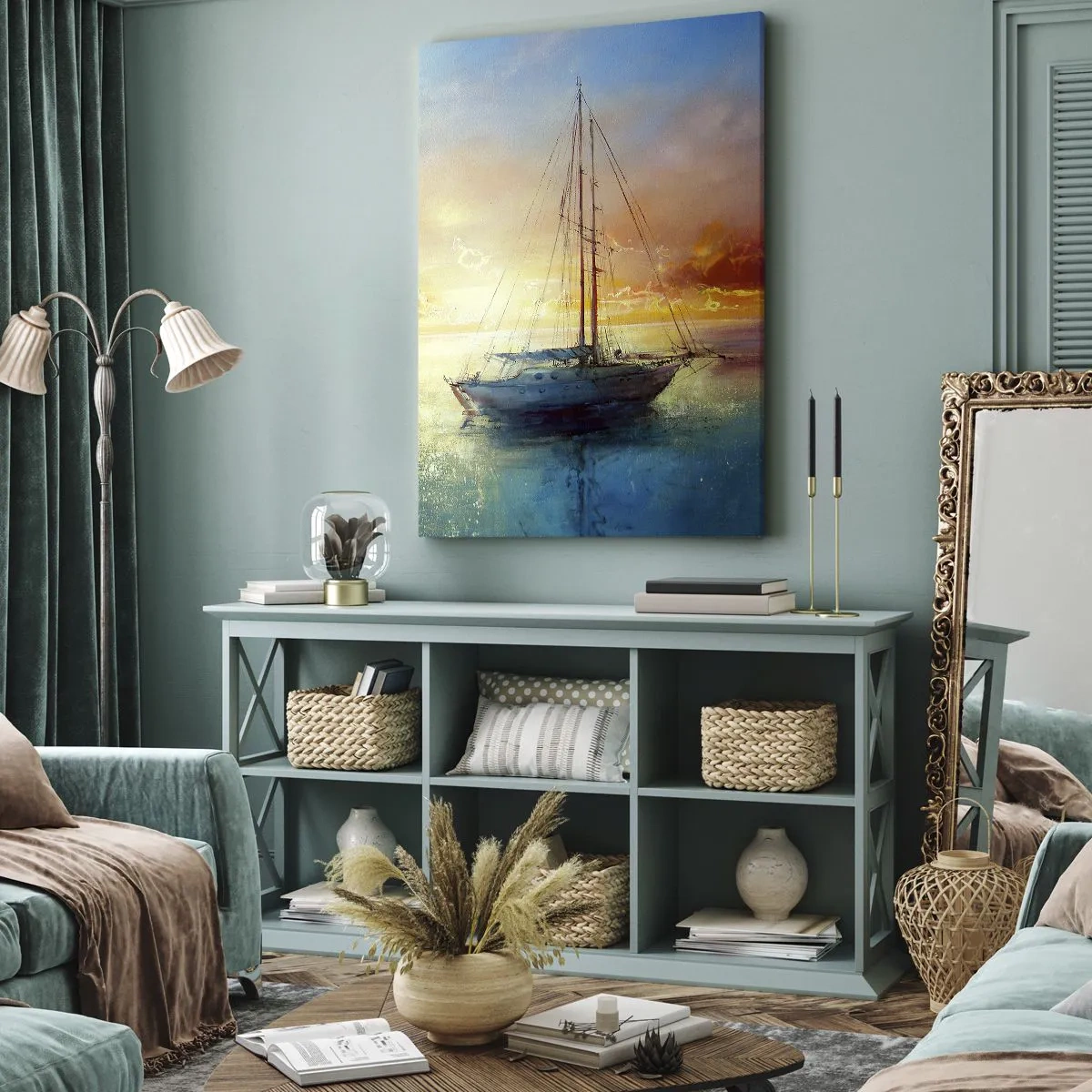 Quadro su tela - Stampe su Tela - Uno yacht su un mare calmo al tramonto - 50x70cm - Nella baia dorata - Decorazione murale moderna per soggiorno e camera da letto ARTTOR