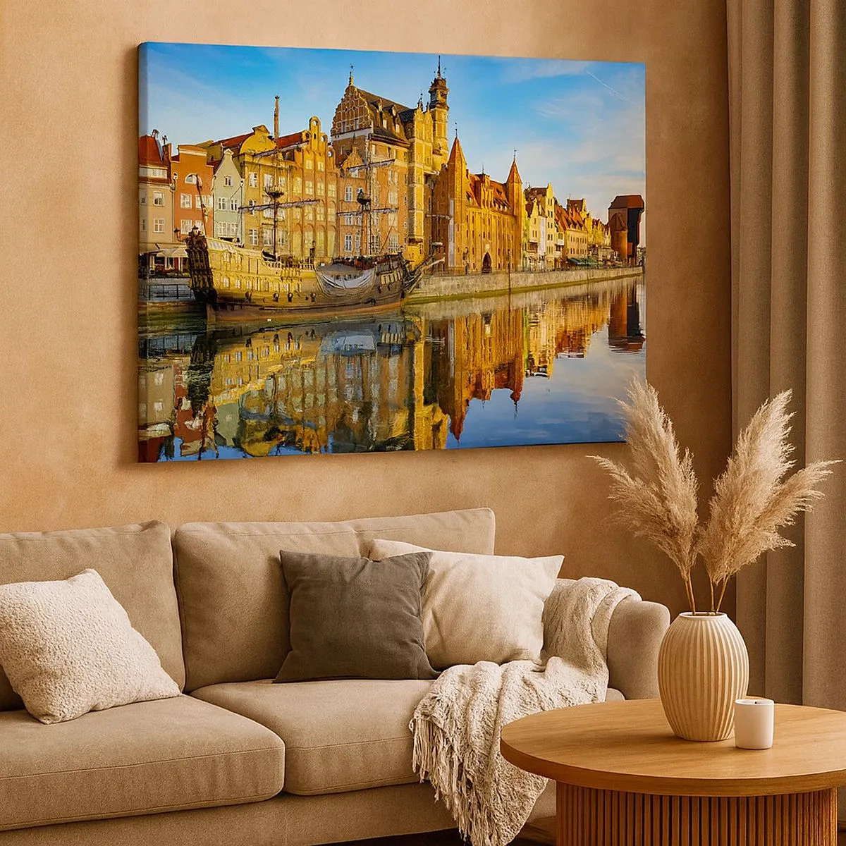 Quadro su tela - Stampe su Tela - Una vista pittoresca della città vecchia con una nave a vela e l'acqua - 70x50cm - Il riflesso del passato - Decorazione murale moderna per soggiorno e camera da letto ARTTOR