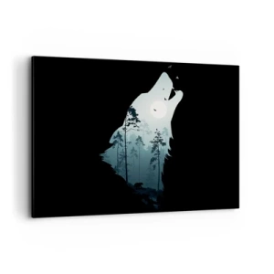Quadro su tela - Stampe su Tela - Silhouette di un lupo con una foresta e la luna sullo sfondo - 100x70cm - Voce di una notte boschiva - Decorazione murale moderna per soggiorno e camera da letto ARTTOR