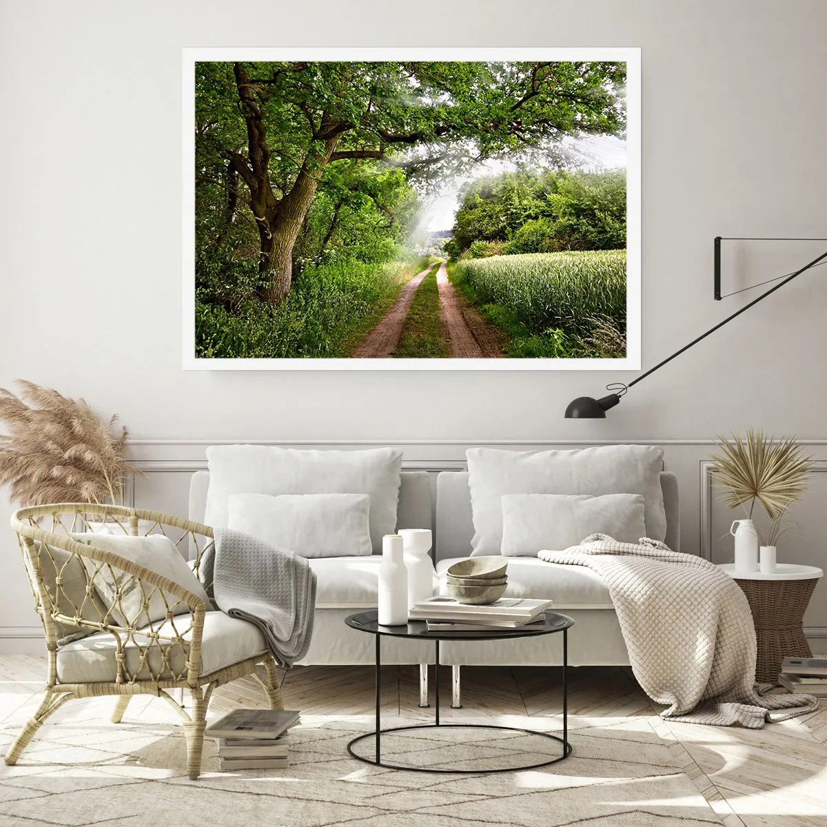 Poster - Una strada sterrata tra alberi verdi e luce solare - 100x70cm - Et in Arcadia ego - Decorazione murale moderna per soggiorno e camera da letto ARTTOR