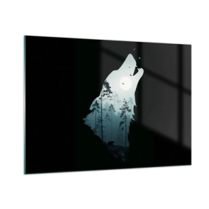 Quadro su vetro - Silhouette di un lupo con una foresta e la luna sullo sfondo su uno sfondo nero - 100x70cm - Voce di una notte boschiva - Decorazione murale moderna per soggiorno e camera da letto ARTTOR