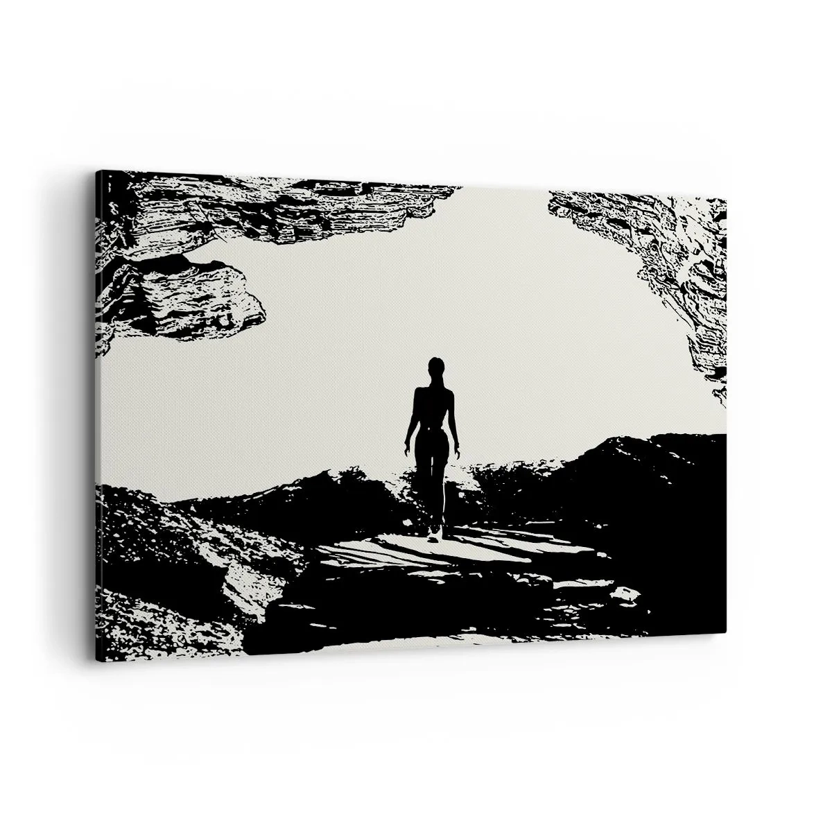 Quadro su tela - Stampe su Tela - Silhouette in bianco e nero di una donna in una grotta contro il cielo - 100x70cm - Un nuovo sguardo - Decorazione murale moderna per soggiorno e camera da letto ARTTOR