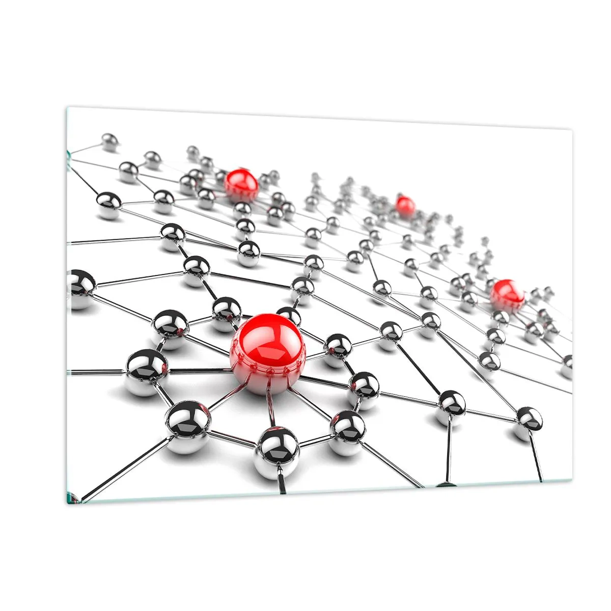 Quadro su vetro - Rete molecolare argentata con accenti rossi - 120x80cm - Rete argentea - Decorazione murale moderna per soggiorno e camera da letto ARTTOR