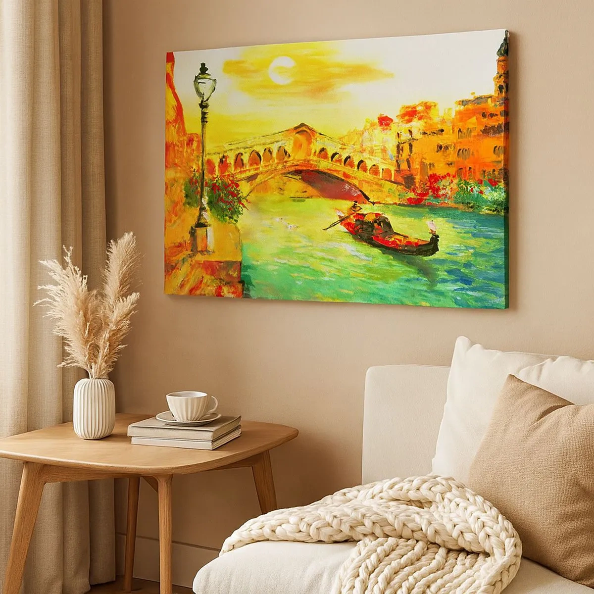 Quadro su tela - Stampe su Tela - Un pittoresco ponte sul canale con una gondola alla luce del sole al tramonto - 70x50cm - Il pellegrinaggio degli innamorati - Decorazione murale moderna per soggiorno e camera da letto ARTTOR