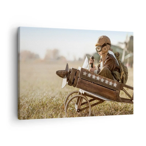 Quadro su tela - Stampe su Tela - Un bambino su un aeroplanino giocattolo con un campo sullo sfondo - 70x50cm - Decollo verso i sogni - Decorazione murale moderna per soggiorno e camera da letto ARTTOR