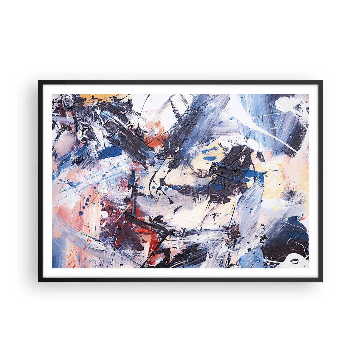 Poster in cornice nera - Astrazione con pennellate dinamiche in blu e rosso. - 100x70cm - La danza folle dell'astrazione - Decorazione murale moderna per soggiorno e camera da letto ARTTOR