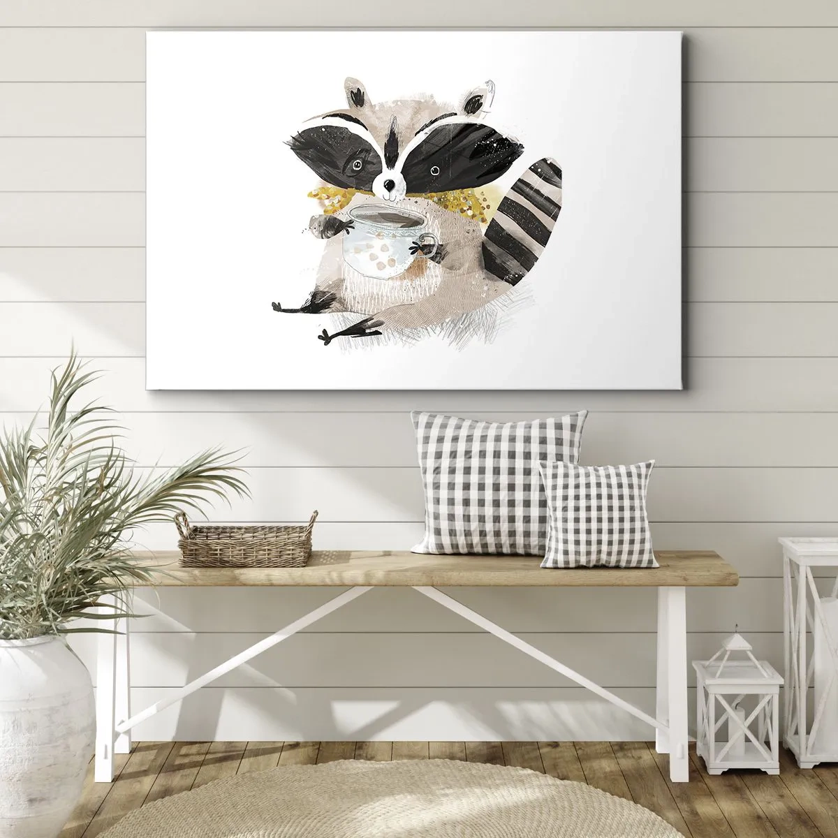 Quadro su tela - Stampe su Tela - Adorabile procione che tiene in mano una tazza color pastello - 70x50cm - Il mio amico procione - Decorazione murale moderna per soggiorno e camera da letto ARTTOR