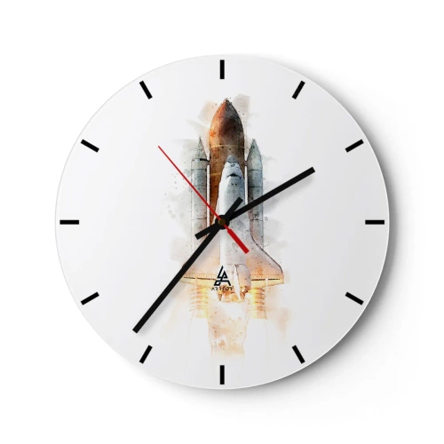 Orologio da parete - Orologio in Vetro - Lancio di un razzo in stile acquerello su sfondo bianco - 30x30cm - La partenza degli esploratori - Decorazione murale moderna per soggiorno, cucina e camera da letto ARTTOR