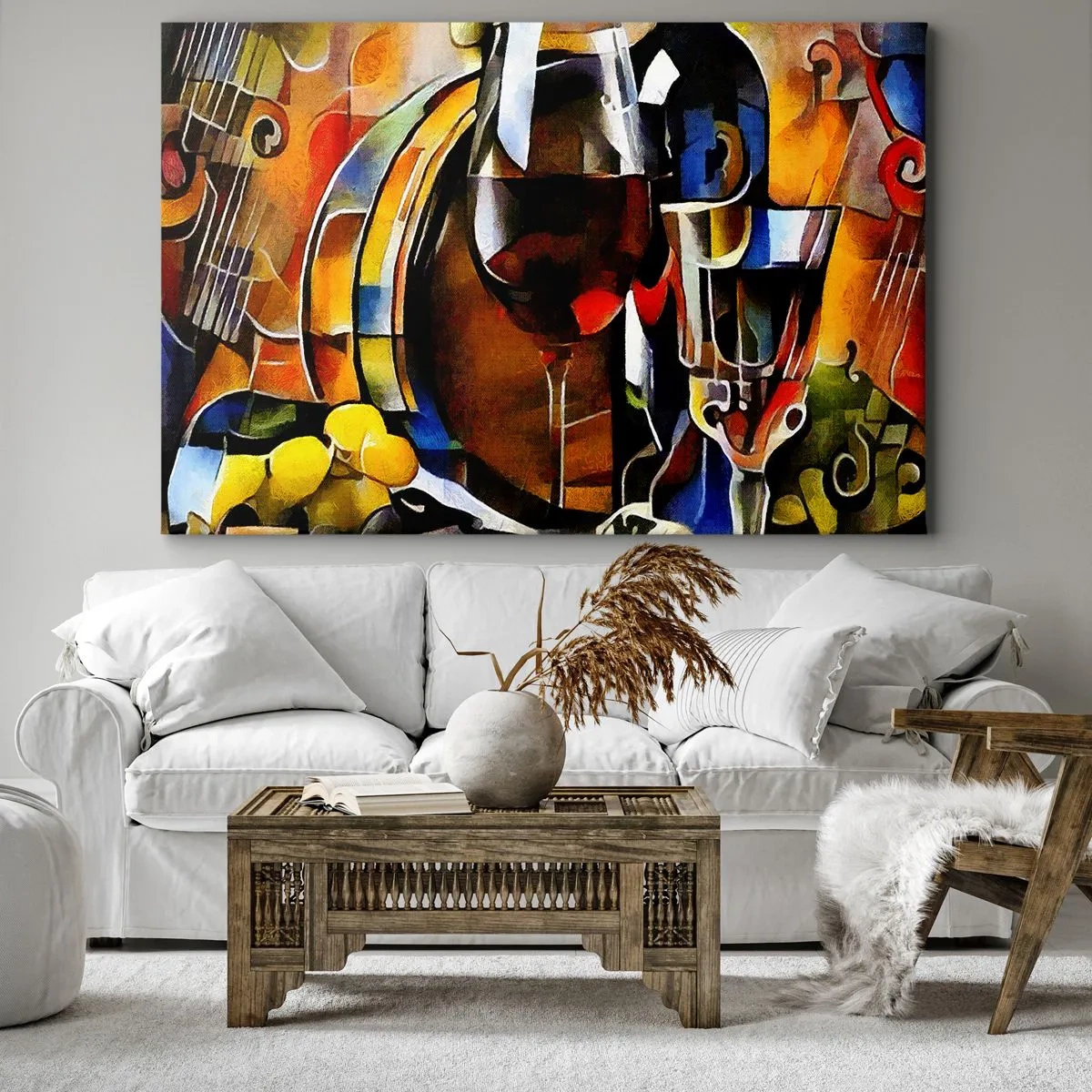 Quadro su tela - Stampe su Tela - Natura morta astratta con bicchieri e strumenti - 120x80cm - E il mondo riprende colore - Decorazione murale moderna per soggiorno e camera da letto ARTTOR