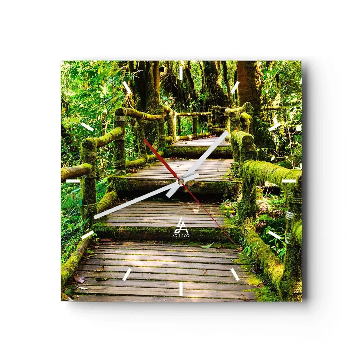 Orologio da parete - Orologio in Vetro - Un ponte di legno ricoperto di muschio in una foresta pluviale tropicale - 30x30cm - Un corridoio nel verde - Decorazione murale moderna per soggiorno e camera da letto ARTTOR