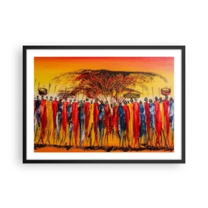 Poster in cornice nera - Una scena colorata con figure africane sullo sfondo del sole al tramonto. - 70x50cm - Al suono dei tam tam - Decorazione murale moderna per soggiorno e camera da letto ARTTOR