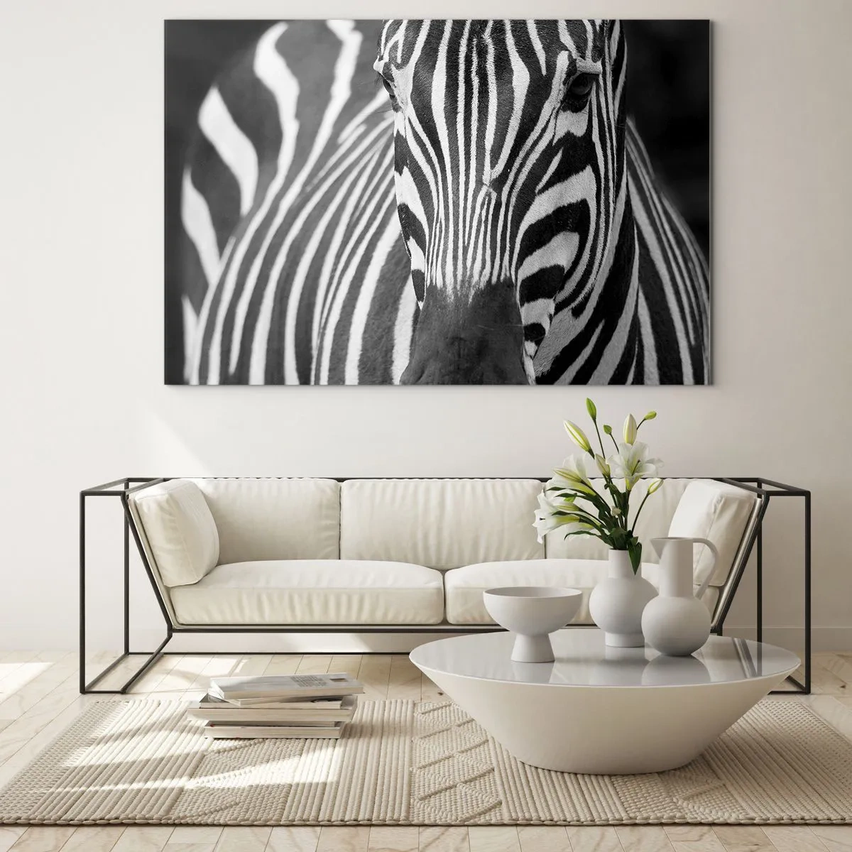 Quadro su vetro - Ritratto in bianco e nero di una zebra con strisce visibili - 70x50cm - Il mondo è in bianco e nero - Decorazione murale moderna per soggiorno e camera da letto ARTTOR