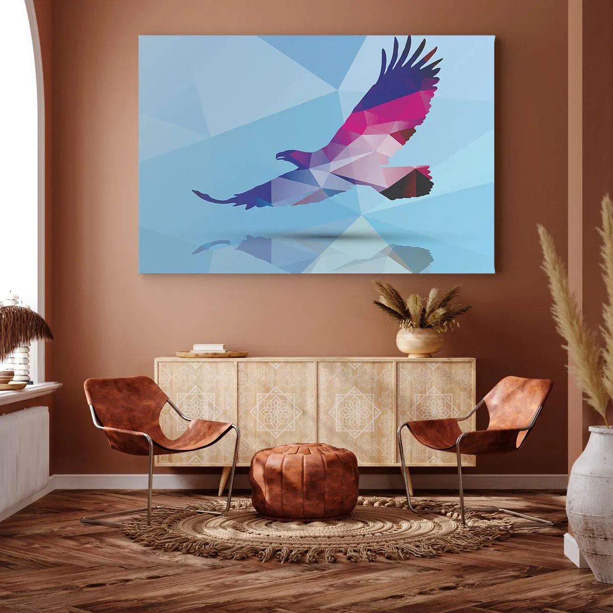 Quadro su tela - Stampe su Tela - Silhouette geometrica di un'aquila in volo su sfondo blu - 100x70cm - L'aquila nel cristallo lilla - Decorazione murale moderna per soggiorno e camera da letto ARTTOR