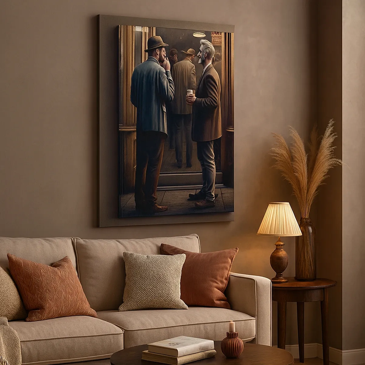 Quadro su tela - Stampe su Tela - Scena di strada con persone davanti a un caffè retrò - 50x70cm - Il buon momento della giornata - Decorazione murale moderna per soggiorno e camera da letto ARTTOR