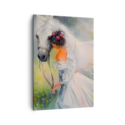 Quadro su tela - Stampe su Tela - Una donna con un cavallo bianco in un ambiente pittoresco - 50x70cm - Come in un bel sogno - Decorazione murale moderna per soggiorno e camera da letto ARTTOR