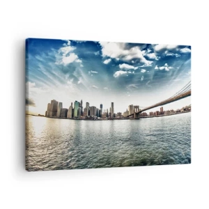 Quadro su tela - Stampe su Tela - Panorama della città con un ponte contro il cielo blu - 70x50cm - L'isola di vetro - Decorazione murale moderna per soggiorno e camera da letto ARTTOR