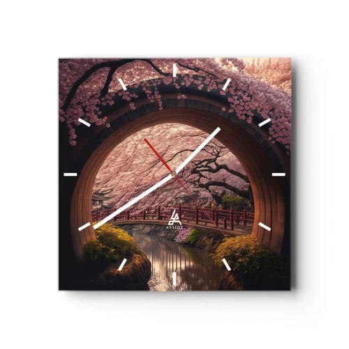 Orologio da parete - Orologio in Vetro - Un ponte tradizionale giapponese circondato da fiori di ciliegio - 30x30cm - Primavera giapponese - Decorazione murale moderna per soggiorno e camera da letto ARTTOR