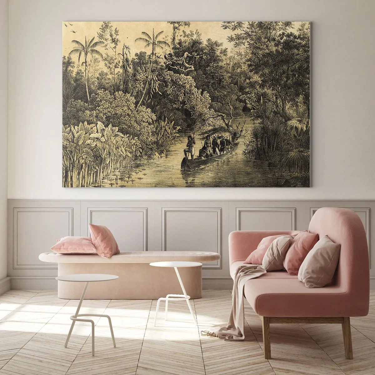 Quadro su vetro - Stampa retrò raffigurante un viaggio attraverso la giungla - 70x50cm - Viaggio alla fonte - Decorazione murale moderna per soggiorno e camera da letto ARTTOR