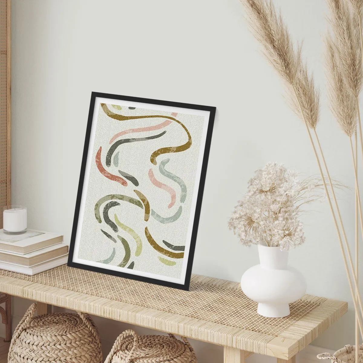 Poster in cornice nera - Linee ondulate astratte in tonalità naturali - 50x70cm - La danza gioiosa dell'astrazione - Decorazione murale moderna per soggiorno e camera da letto ARTTOR