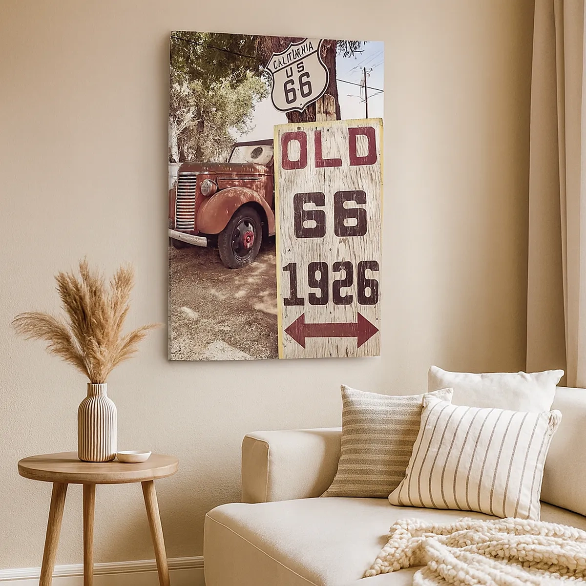 Quadro su tela - Stampe su Tela - Auto retrò e cartello della Route 66 in un ambiente rustico - 50x70cm - La leggenda della provincia americana - Decorazione murale moderna per soggiorno e camera da letto ARTTOR