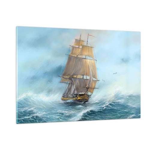 Quadro su vetro - Una nave a vela in un mare in tempesta in stile pittorico - 120x80cm - Frangendo i flutti - Decorazione murale moderna per soggiorno e camera da letto ARTTOR