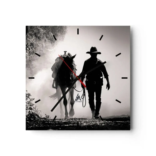 Orologio da parete - Orologio in Vetro - Cowboy con cavallo nella nebbia mattutina - 30x30cm - Mattino texano - Decorazione murale moderna per soggiorno e camera da letto ARTTOR