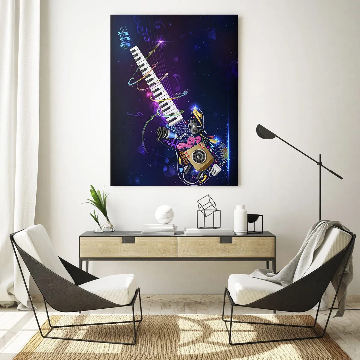 Quadro su vetro - Una chitarra colorata con una tastiera e un microfono su uno sfondo scuro. - 80x120cm - Armonia di suoni - Decorazione murale moderna per soggiorno e camera da letto ARTTOR