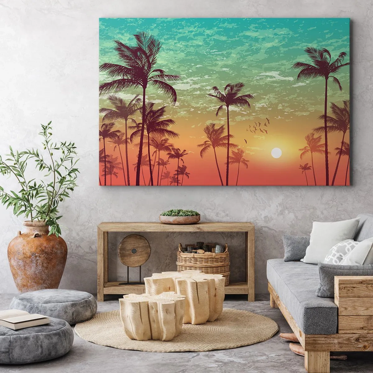 Quadro su tela - Stampe su Tela - Tramonto con palme contro un cielo colorato - 70x50cm - Climi tropicali - Decorazione murale moderna per soggiorno e camera da letto ARTTOR