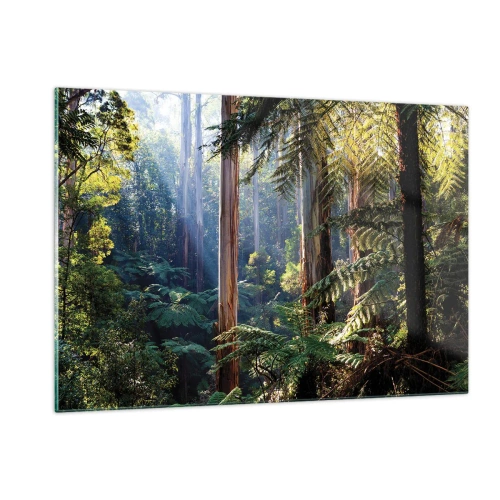 Quadro su vetro - Foresta tropicale verde con raggi di sole - 120x80cm - La favola del bosco - Decorazione murale moderna per soggiorno e camera da letto ARTTOR