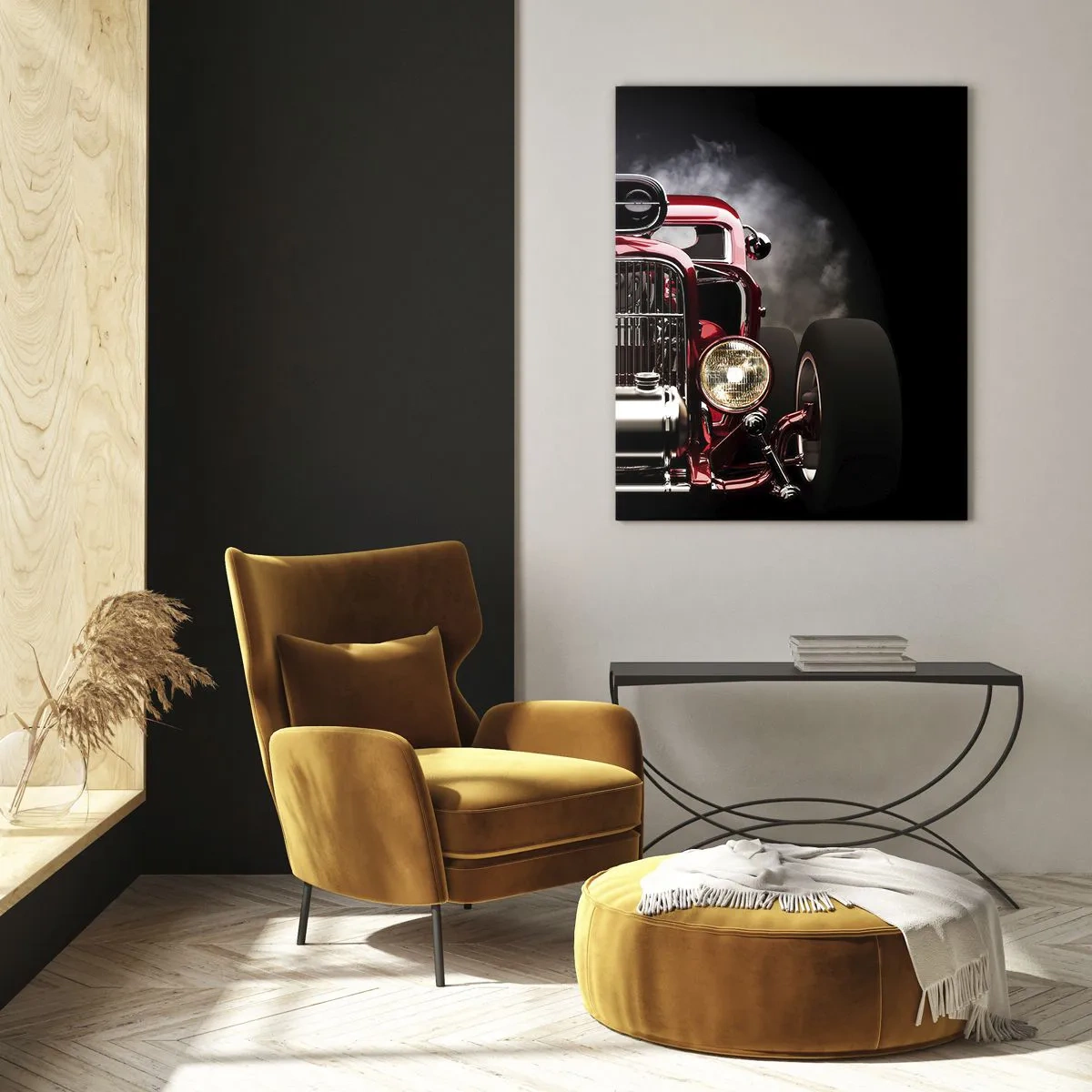 Quadro su vetro - Auto da corsa classica rossa su sfondo scuro - 70x100cm - Fast and furiously beautiful - Decorazione murale moderna per soggiorno e camera da letto ARTTOR