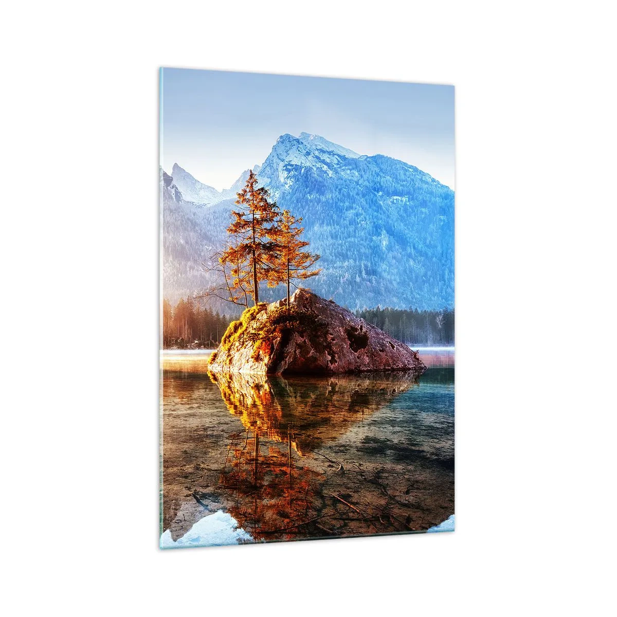 Quadro su vetro - Un lago con isole e montagne sullo sfondo all'alba - 70x100cm - La natura in una nuova luce - Decorazione murale moderna per soggiorno e camera da letto ARTTOR