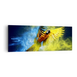 Quadro su tela - Stampe su Tela - Un pappagallo in volo sullo sfondo di esplosioni colorate di giallo e blu. - 140x50cm - Nella polvere gialla e blu - Decorazione murale moderna per soggiorno e camera da letto ARTTOR
