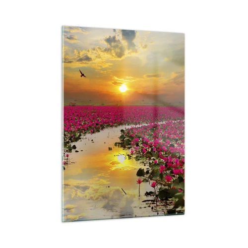 Quadro su vetro - Ninfee rosa su un lago al tramonto - 50x70cm - La vita segreta del lago - Decorazione murale moderna per soggiorno e camera da letto ARTTOR