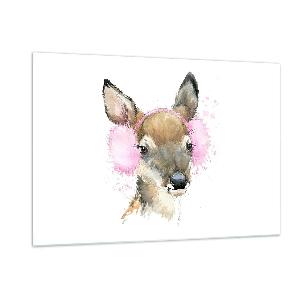 Quadro su vetro - Un cervo con paraorecchie di pelliccia rosa - 120x80cm - E il gelo non mette più paura - Decorazione murale moderna per soggiorno e camera da letto ARTTOR