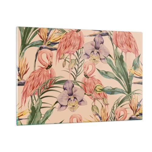 Quadro su vetro - Fenicotteri circondati da fiori e piante tropicali - 120x80cm - Un ballo rosa nei fiori - Decorazione murale moderna per soggiorno e camera da letto ARTTOR