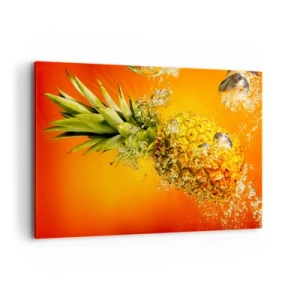 Quadro su tela - Stampe su Tela - Un ananas immerso nell'acqua su uno sfondo sfumato arancione. - 120x80cm - Succosa freschezza tropicale - Decorazione murale moderna per soggiorno e camera da letto ARTTOR
