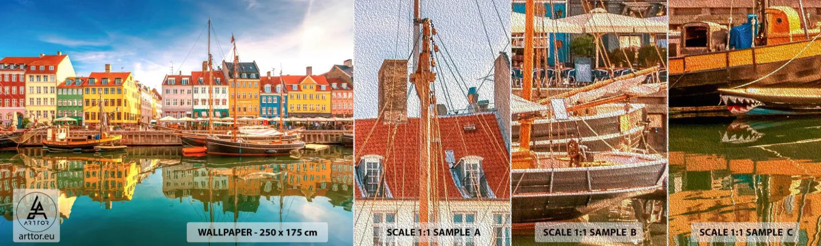 Campione di Fotomurale Premium Sand - Sull'acqua liscia come uno specchio - Paesaggio, Architettura, Copenaghen - 100x30 cm