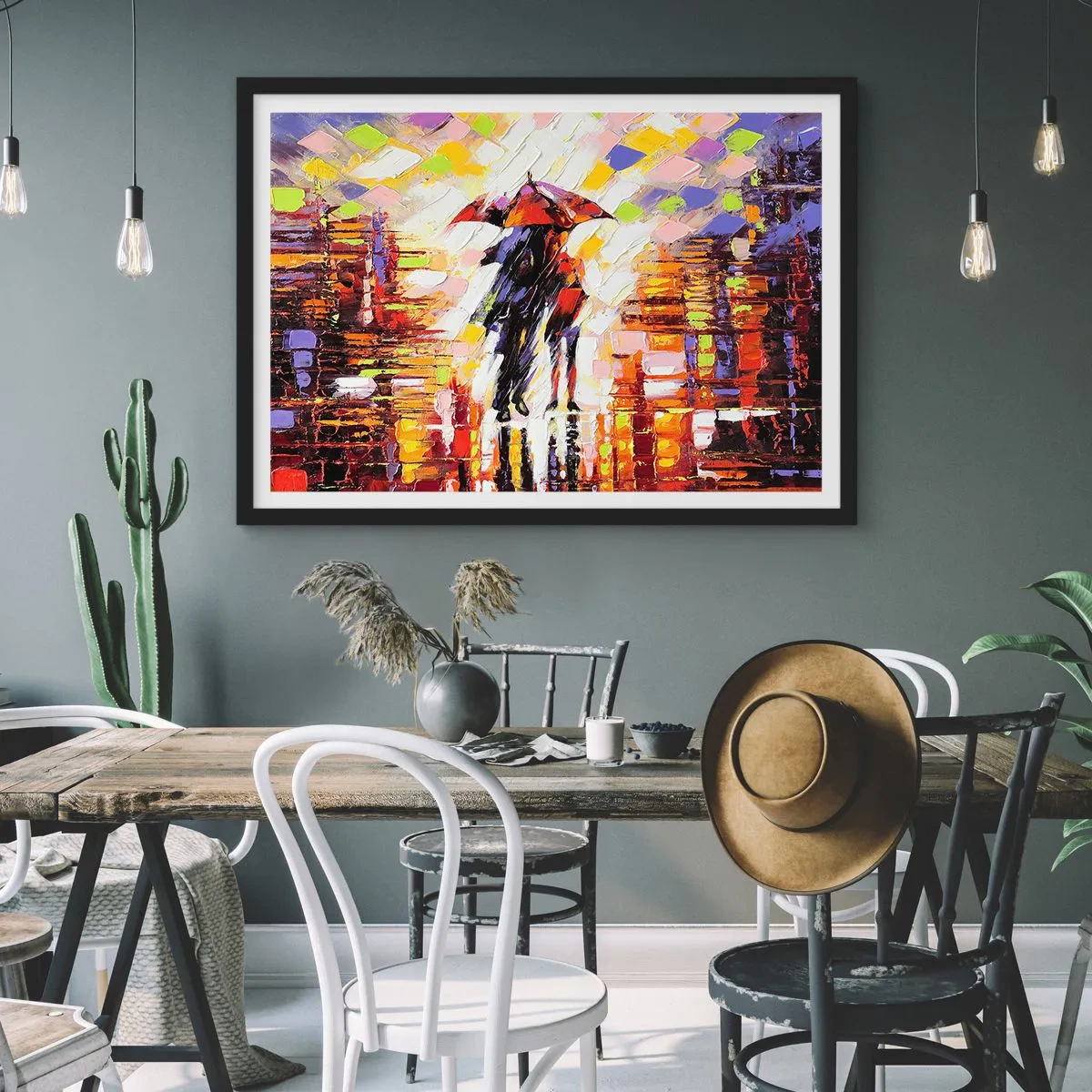 Poster in cornice nera - Una scena astratta di una passeggiata sotto un ombrello in una notte piovosa. - 70x50cm - Insieme nella notte e nella pioggia - Decorazione murale moderna per soggiorno e camera da letto ARTTOR