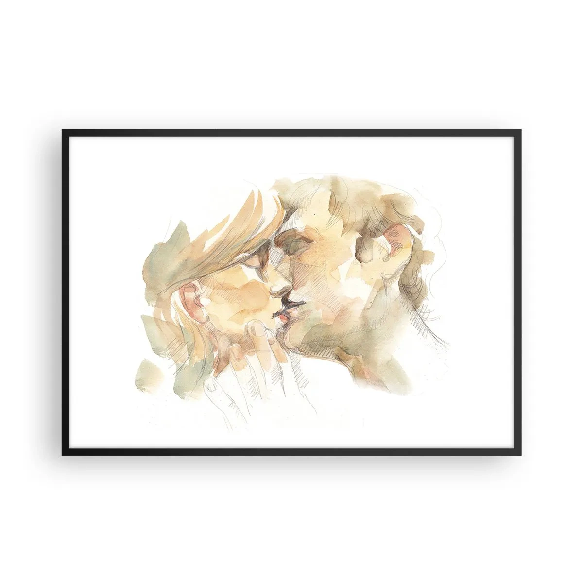 Poster in cornice nera - Ritratto romantico ad acquerello di una coppia che si bacia - 100x70cm - Sarà l'anima gemella? - Decorazione murale moderna per soggiorno e camera da letto ARTTOR