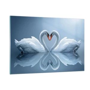 Quadro su vetro - Due cigni formano un cuore sulla superficie dell'acqua - 120x80cm - Il tempo dell'amore - Decorazione murale moderna per soggiorno e camera da letto ARTTOR