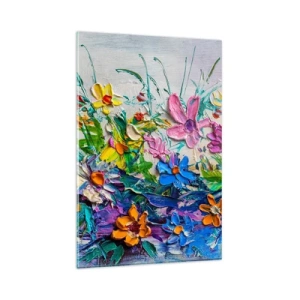 Quadro su vetro - Un colorato mazzo di fiori dipinto con la tecnica dell'impasto - 80x120cm - Natura per niente morta - Decorazione murale moderna per soggiorno e camera da letto ARTTOR