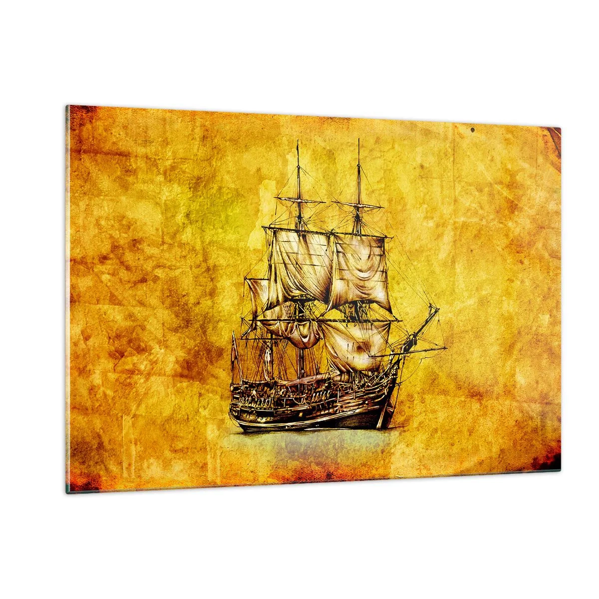 Quadro su vetro - Un veliero storico sullo sfondo di una pergamena stilizzata - 120x80cm - Verso la Tortuga! - Decorazione murale moderna per soggiorno e camera da letto ARTTOR