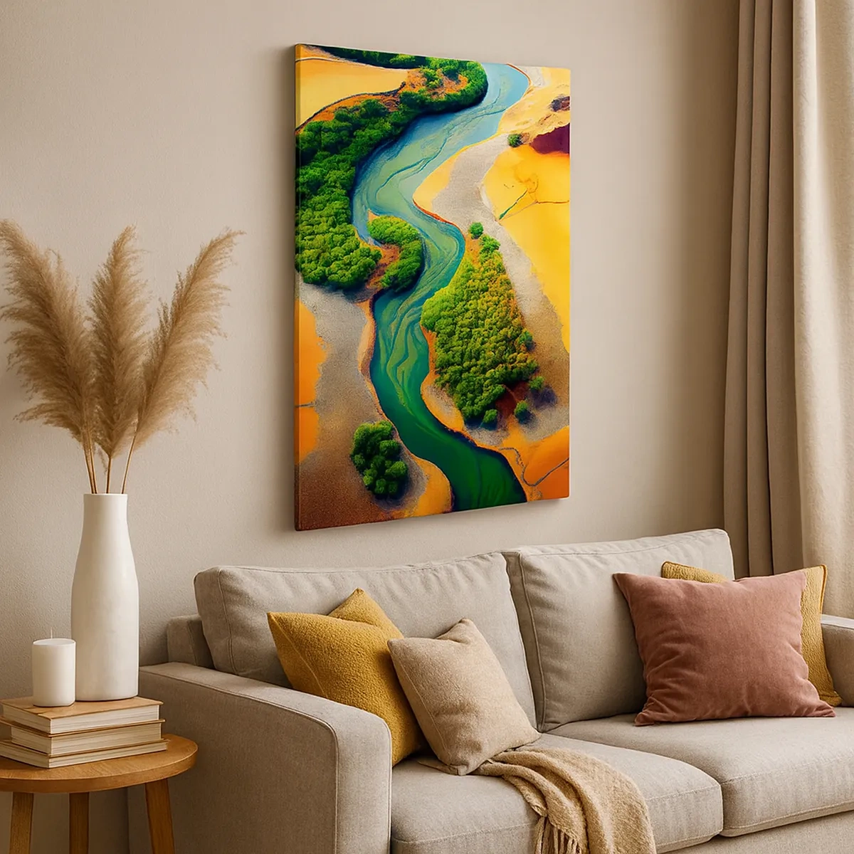 Quadro su tela - Stampe su Tela - Un fiume verde circondato da sabbie dorate e vegetazione - 50x70cm - Il fiume della vita - Decorazione murale moderna per soggiorno e camera da letto ARTTOR