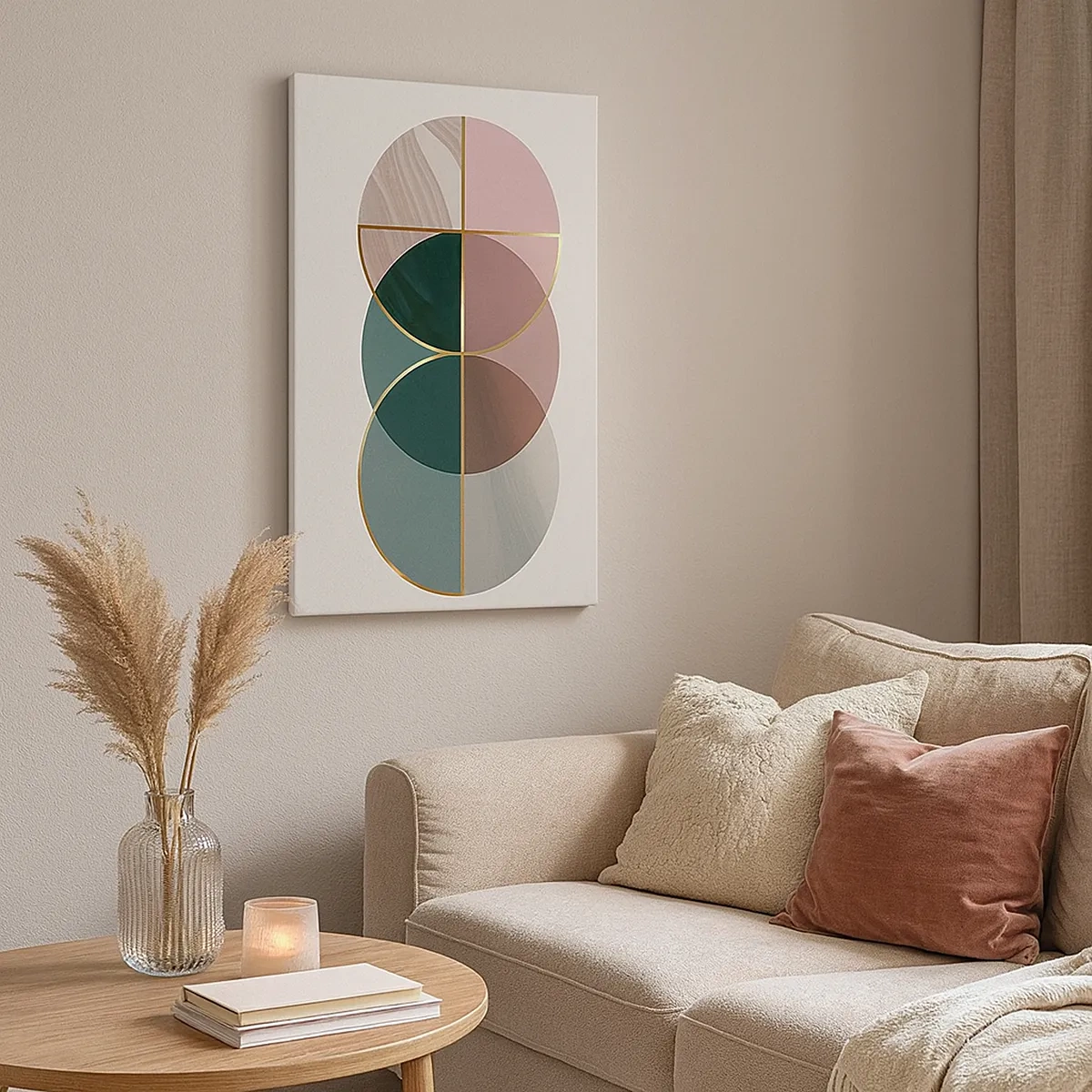 Quadro su tela - Stampe su Tela - Una composizione astratta di forme geometriche e linee dorate. - 50x70cm - Un cerchio dietro l'altro... - Decorazione murale moderna per soggiorno e camera da letto ARTTOR