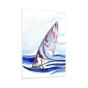 Quadro su vetro - Una barca a vela sulle onde in stile acquerello - 50x70cm - Con il vento al ritmo delle onde - Decorazione murale moderna per soggiorno e camera da letto ARTTOR